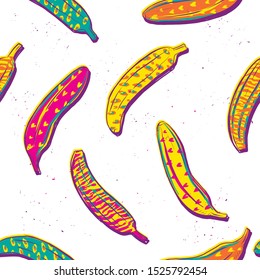 Abstract seamless bananas pattern with wild animal leather skin print. Colorful pop art repeated ornament for fashion textile clothes, wrapping paper