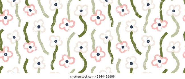 Abstract seamless banner with cute hand drawn meadow flowers. Chamomile flowers drawn with a bold brush. Abstract organic plant seamless pattern, naive style daisies and meadow plants.