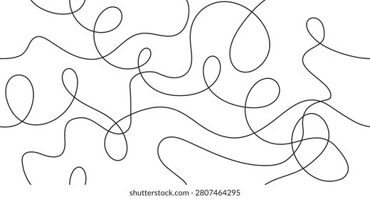 Abstract seamless bg with black squiggly continuous tangled ropes on white. Vector illustration