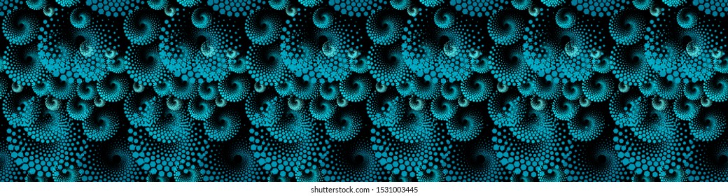Abstract Seamless Black and Blue Geometric Pattern with Hexagons. Spiral-like Spotted Curles. Futuristic Psychedelic Optical Illusion. Vector. 3D Illustration