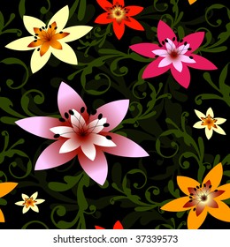 Abstract seamless  black floral pattern with lilas (vector)