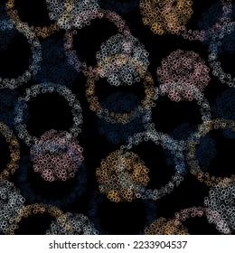 Abstract seamless black grunge pattern with colorful circles (EPS 10 vector) Colorful hand drawn print for summer fall fashion with random round shapes in 1950s style.