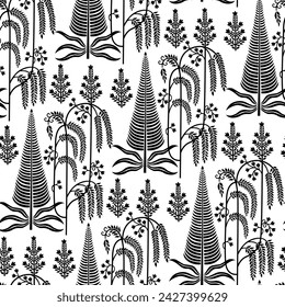 Abstract seamless black Single color traditional  paisley fabric effect ornament bunch pattern white background design