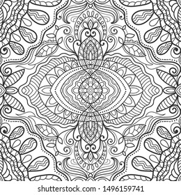 Abstract seamless black and white doodle pattern. Stylized floral, geometric elements. Monochrome sketch ornament for coloring book. Line background, repeating texture for textile fabric, paper print.