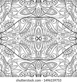 Abstract seamless black and white doodle pattern. Stylized floral, geometric elements. Monochrome sketch ornament for coloring book. Line background, repeating texture for textile fabric, paper print.