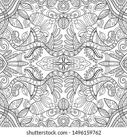 Abstract seamless black and white doodle pattern. Stylized floral, geometric elements. Monochrome sketch ornament for coloring book. Line background, repeating texture for textile fabric, paper print.