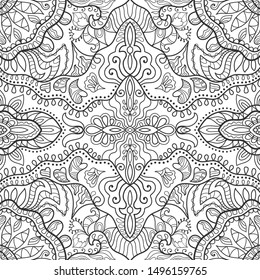 Abstract seamless black and white doodle pattern. Stylized floral, geometric elements. Monochrome sketch ornament for coloring book. Line background, repeating texture for textile fabric, paper print.
