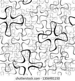 Abstract Seamless Black and White Geometric Pattern with Jigsaw Puzzles. Polygonal Optical Psychedelic Illusion. Interlaced Texture. Vector Illustration