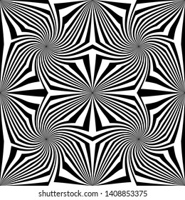 Abstract Seamless Black and White Geometric Pattern with Stripes. Contrasty Optical Psychedelic Illusion. Starlike Wicker Texture. Vector Illustration