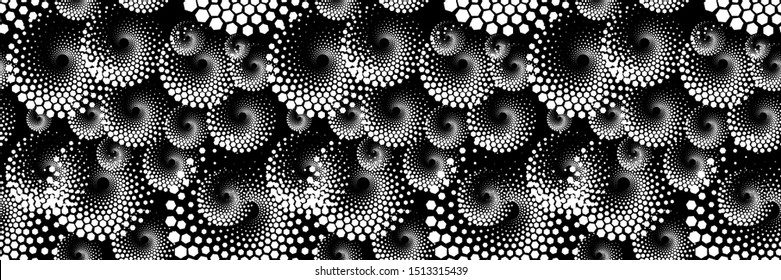 Abstract Seamless Black and White Geometric Pattern with Hexagons. Spiral-like Spotted Curles. Vector Illustration