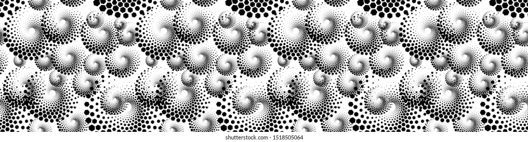Abstract Seamless Black and White Geometric Pattern with Hexagons. Spiral-like Spotted Curles. Vector. 3D Illustration