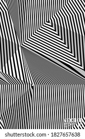 Abstract Seamless Black and White Geometric Pattern with Stripes. Optical Psychedelic Illusion. Contrasting Textured Volumetric Surface. Vector. 3D Illustration