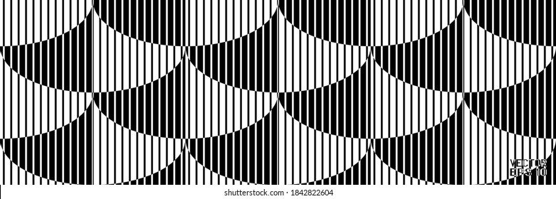 Abstract Seamless Black and White Geometric Pattern with Lines. Optical Psychedelic Illusion of Wall. Striped Wicker Texture. Vector. 3D Illustration