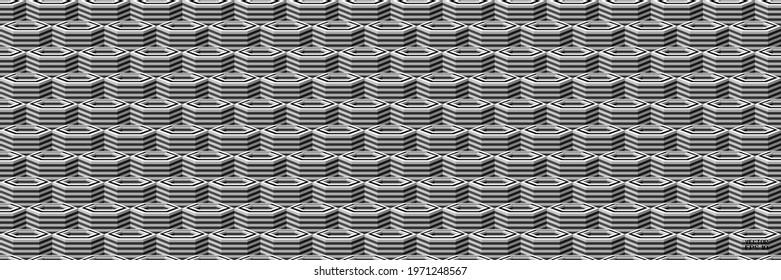 Abstract Seamless Black and White Geometric Pattern with Polygons. Contrasty Optical Psychedelic Illusion. Spotted Hexagonal Texture. Vector. 3D Illustration