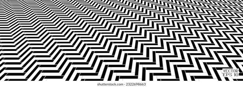 Abstract Seamless Black and White Geometric Pattern with Stripes. Optical Psychedelic Illusion. Contrasting Textured Volumetric Surface. Vector. 3D Illustration
