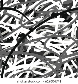 Abstract seamless black and white hand drawn lines pattern.