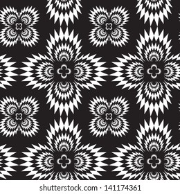 Abstract seamless black and white inverted vector pattern with cross explosions. Easy to change the colors.