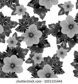 Abstract seamless black and white pattern of flowers. For your fabrics design, postcards, greeting cards for wedding, birthday and more. Vector illustration.
