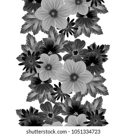 Abstract seamless black and white pattern of flowers. For your fabrics design, postcards, greeting cards for wedding, birthday and more. Vector illustration.