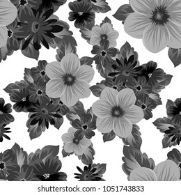 Abstract seamless black and white pattern of flowers. For your fabrics design, postcards, greeting cards for wedding, birthday and more. Vector illustration.