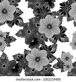 Abstract seamless black and white pattern of flowers. For your fabrics design, postcards, greeting cards for wedding, birthday and more. Vector illustration.