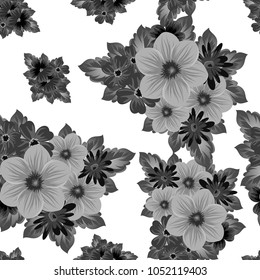 Abstract seamless black and white pattern of flowers. For your fabrics design, postcards, greeting cards for wedding, birthday and more. Vector illustration.