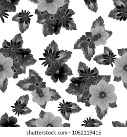 Abstract seamless black and white pattern of flowers. For your fabrics design, postcards, greeting cards for wedding, birthday and more. Vector illustration.