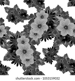 Abstract seamless black and white pattern of flowers. For your fabrics design, postcards, greeting cards for wedding, birthday and more. Vector illustration.