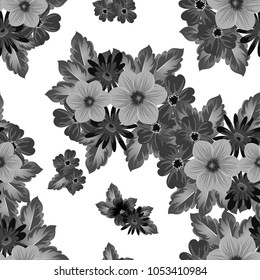 Abstract seamless black and white pattern of flowers. For your fabrics design, postcards, greeting cards for wedding, birthday and more. Vector illustration.