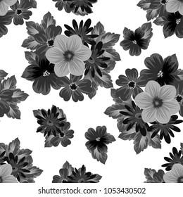 Abstract seamless black and white pattern of flowers. For your fabrics design, postcards, greeting cards for wedding, birthday and more. Vector illustration.