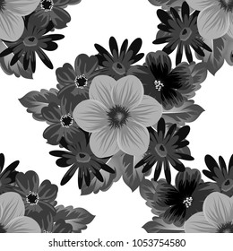 Abstract seamless black and white pattern of flowers. For your fabrics design, postcards, greeting cards for wedding, birthday and more. Vector illustration.
