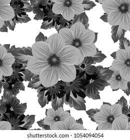 Abstract seamless black and white pattern of flowers. For your fabrics design, postcards, greeting cards for wedding, birthday and more. Vector illustration.