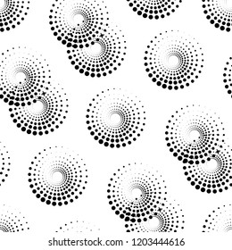 Abstract Seamless Black and White Pattern with Circles. Spotted Halftone Spirales. Vector Illustration