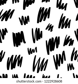 Abstract seamless black and white pattern of hand drawn doodle marker scribbles or brush stroke elements. Scandinavian design style. Vector illustration