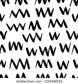 Abstract seamless black and white pattern of hand drawn doodle marker scribbles or brush stroke elements. Scandinavian design style. Vector illustration