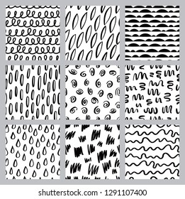 Abstract seamless black and white pattern set of hand drawn doodle elements. Waves, drops, triangles, strokes etc. Scandinavian design style. Vector illustration for textile, backgrounds etc