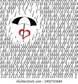 Abstract Seamless Black and White Pattern with Drops of Rain. Red Heart and Umbrella. Vector Illustration