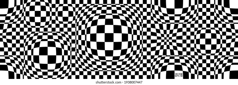 Abstract Seamless Black And White Pattern With Chessboard. Contrasty Optical Psychedelic Illusion. Smooth Wavy Surface Checkered. Vector. 3D Illustration