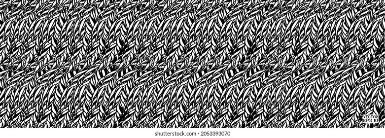 Resumen Patrón blanco y negro sin foco con hojas. Textura ornamental rayada. Papel de escritorio psicodélico. Ilustración vectorial