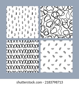 Abstract seamless black and white pattern set of hand drawn doodle elements. Waves, drops, triangles, strokes etc. Scandinavian design style. Vector illustration for textile, backgrounds etc