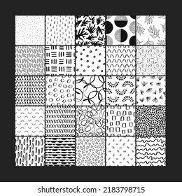 Abstract seamless black and white pattern set of hand drawn doodle elements. Waves, drops, triangles, strokes etc. Scandinavian design style. Vector illustration for textile, backgrounds etc