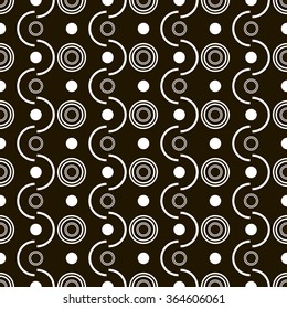 Abstract seamless black and white pattern of circles, rings and semicircles. Stylish geometric print. Vector illustration for various creative projects