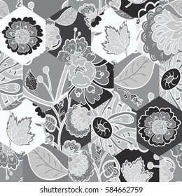 Abstract seamless black and white pattern with hand drawn flowers in patchwork style. Vector illustration.