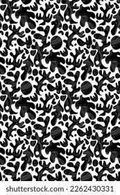Abstract seamless black and white textile design of leafs and moss
