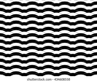 Abstract seamless black and white texture of arcs with horizontal wavy bands. Vector eps10.