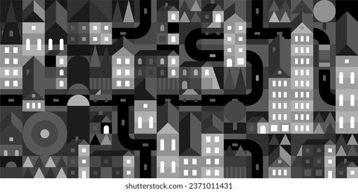 Abstract Seamless Black And White Vector Bauhaus Geometric City Pattern Design Background Template