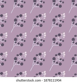 Abstrakte nahtlose Brombeermuster mit Doodle-Ornament. Pastellvioletter Hintergrund. Perfekt für Stoffdesign, Stoffdruck, Umhüllung, Cover. Vektorgrafik.