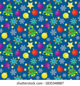 Resumen del fondo de Navidad azul sin fisuras con un patrón de árboles, bolas coloridas, copos de nieve a cielo abierto, un mes y estrellas doradas.