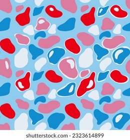 Abstract seamless  blue doodle textile print. Fabric pattern with small red drops on a blue background, vector, hand drawing