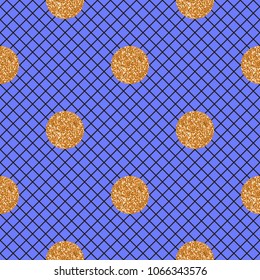 Abstract seamless blue pattern with black mesh and gold glitter polka dot. Vector illustration fishnet tights.